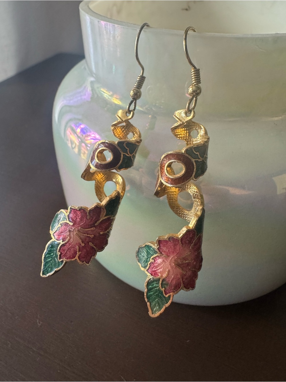 Vintage Gold-Tone Floral Cloisonné Drop Earrings in Pink and Green